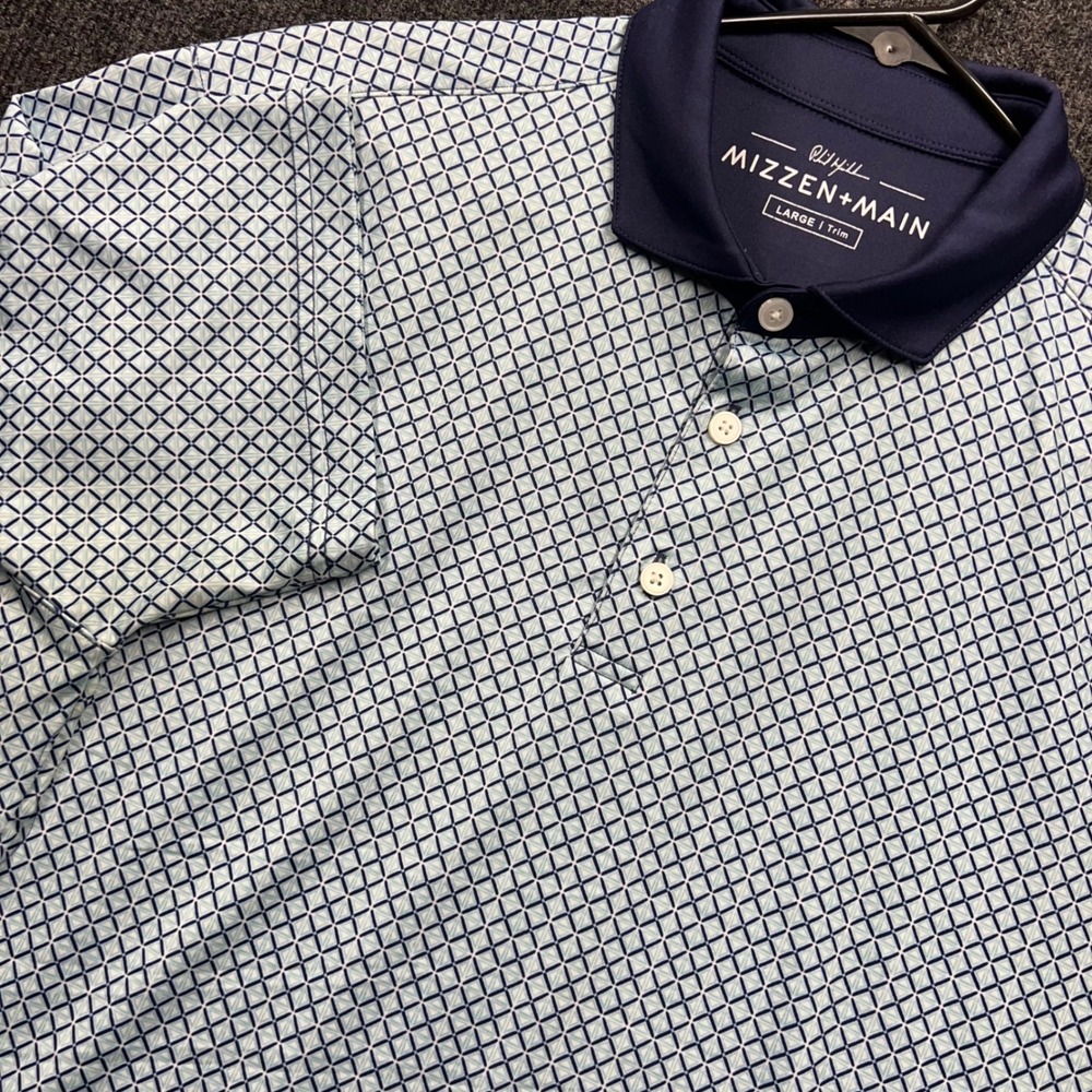 Mizzen+Main Phil Mickelson Golf Polo Large Trim Blue Geometric Performance Shirt